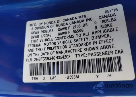 2016 Honda Civic Ex-T z USA, uszkodzony, nr VIN 2HGFC3B34GH354203